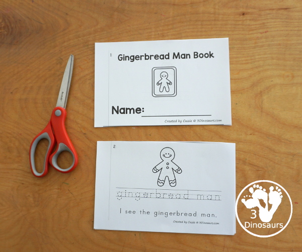 Free Gingerbread Man Easy Reader Book with Tracing - a fun easy reader book that has words for kids to learn from the Gingerbread Man story. They can trace the word and read the sentences about the picture. A fun 7-page book for kids.- 3Dinosaurs.com