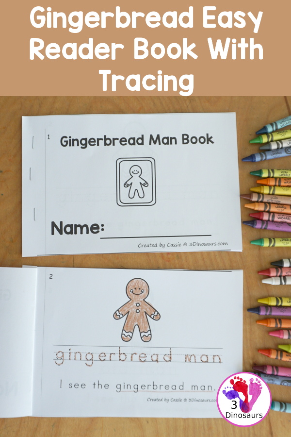 Free Gingerbread Man Easy Reader Book with Tracing - a fun easy reader book that has words for kids to learn from the Gingerbread Man story. They can trace the word and read the sentences about the picture. A fun 7-page book for kids.- 3Dinosaurs.com