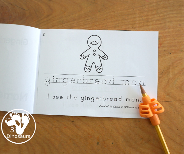 Free Gingerbread Man Easy Reader Book with Tracing - a fun easy reader book that has words for kids to learn from the Gingerbread Man story. They can trace the word and read the sentences about the picture. A fun 7-page book for kids.- 3Dinosaurs.com