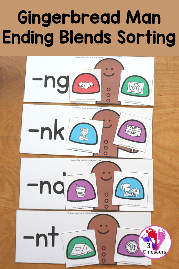 Free Gingerbread Ending Blends Sorting: -DN, -GN, -NK &- NT -  with 4 ending blends to sort with -nd, -ng, -nk, and -nt with four matching pictures per each ending blend - 3Dinosaurs.com