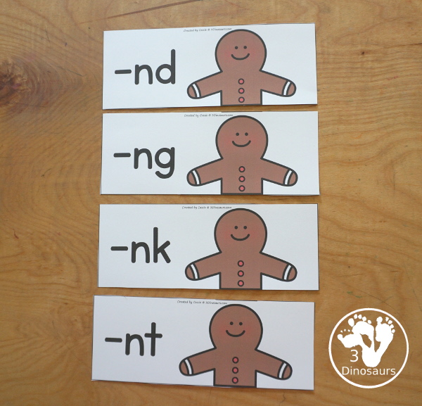 Free Gingerbread Ending Blends Sorting: -DN, -GN, -NK &- NT -  with 4 ending blends to sort with -nd, -ng, -nk, and -nt with four matching pictures per each ending blend - 3Dinosaurs.com