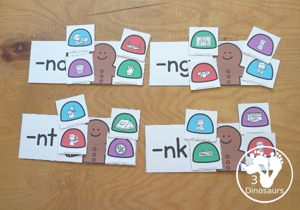 Free Gingerbread Ending Blends Sorting: -DN, -GN, -NK &- NT -  with 4 ending blends to sort with -nd, -ng, -nk, and -nt with four matching pictures per each ending blend - 3Dinosaurs.com