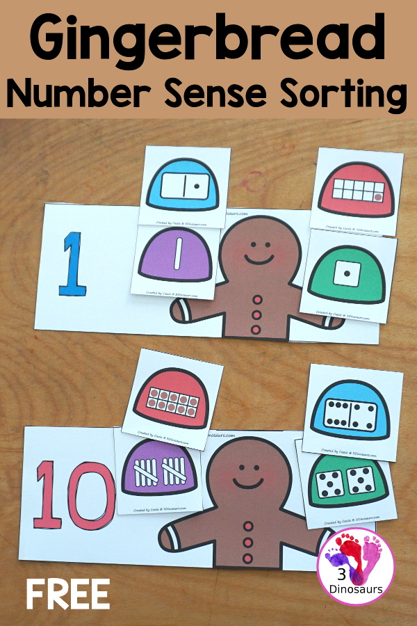 Free Gingerbread Man Number Sense Sorting: Numbers 1 to 10 - You have gingerbread men with numbers and gumdrops to sort to each of the gingerbread men. - 3Dinosaurs.com