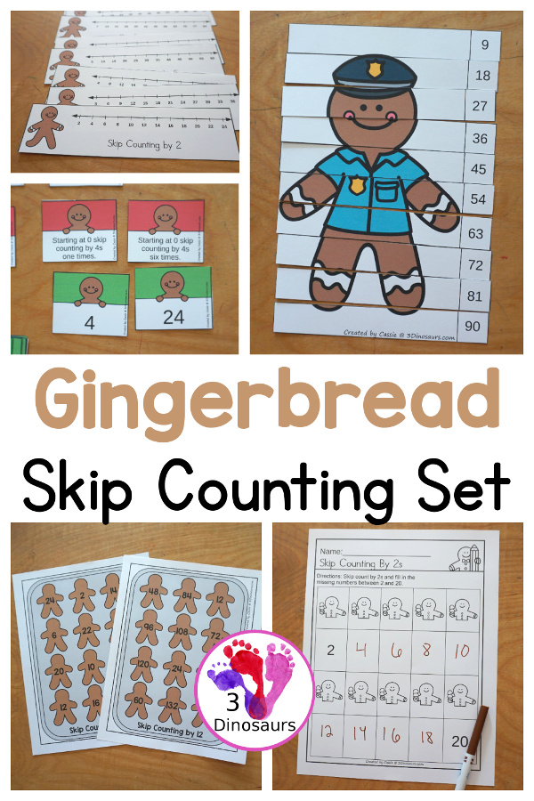 Gingerbread Skip Counting Set - Skip Counting 2 to 12 - working on skip counting with puzzles, skip counting worksheets, skip counting matching cards, skip counting mats - 3Dinosaurs.com