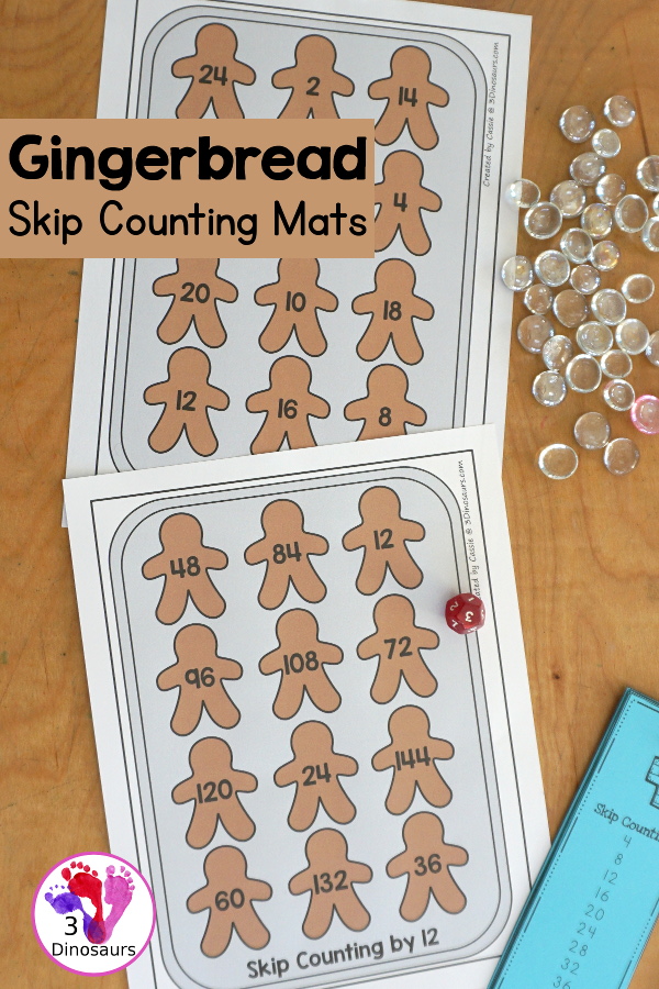 Free Gingerbread Skip Counting Mats 2 to 12 - you have 11 skip counting mats. With a skip counting mat for each number, 2 to 12, that skip counts 12 times on each mat. A great winter theme for math - 3Dinosaurs.com