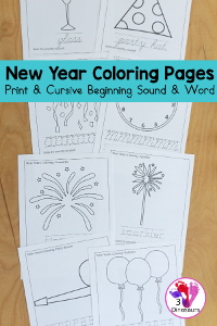 Free New Years Coloring with Word Print & Cursive