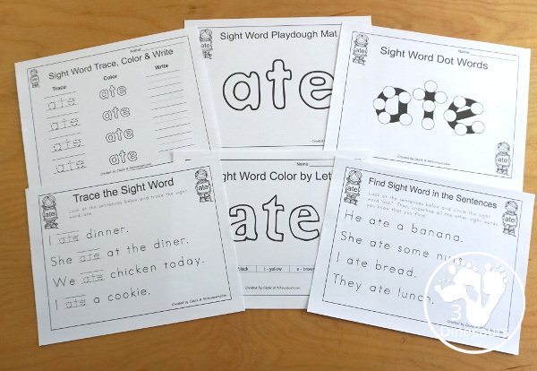 Romping & Roaring Primer Sight Words: ate. You have six pages of printables for each sight word with different activities for each sight word. A fun want to introduce and explore sight words. - 3Dinosaurs.com