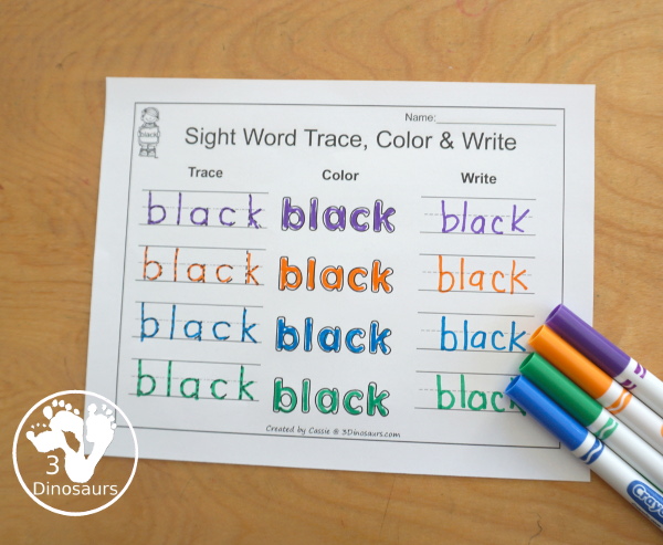 Romping & Roaring Primer Sight Words: ate, be, black, brown. You have six pages of printables for each sight words with different activities for each sight word. A fun want to introduce and explore sight words. - 3Dinosaurs.com