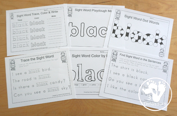 Romping & Roaring Primer Sight Words: black. You have six pages of printables for each sight words with different activities for each sight word. A fun want to introduce and explore sight words. - 3Dinosaurs.com