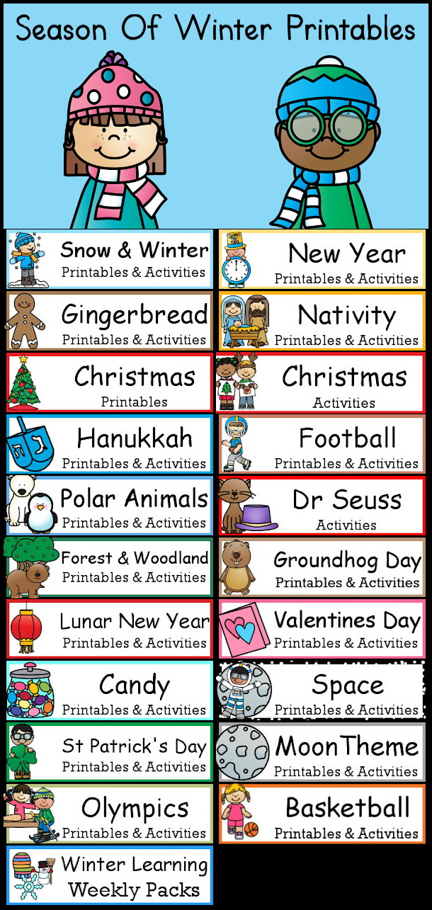 A whole Season of Winter Printables - a fun collection of different winter printables for kids to learn with for the seasons. Plus links to full rounds for each theme - 3Dinosaurs.com