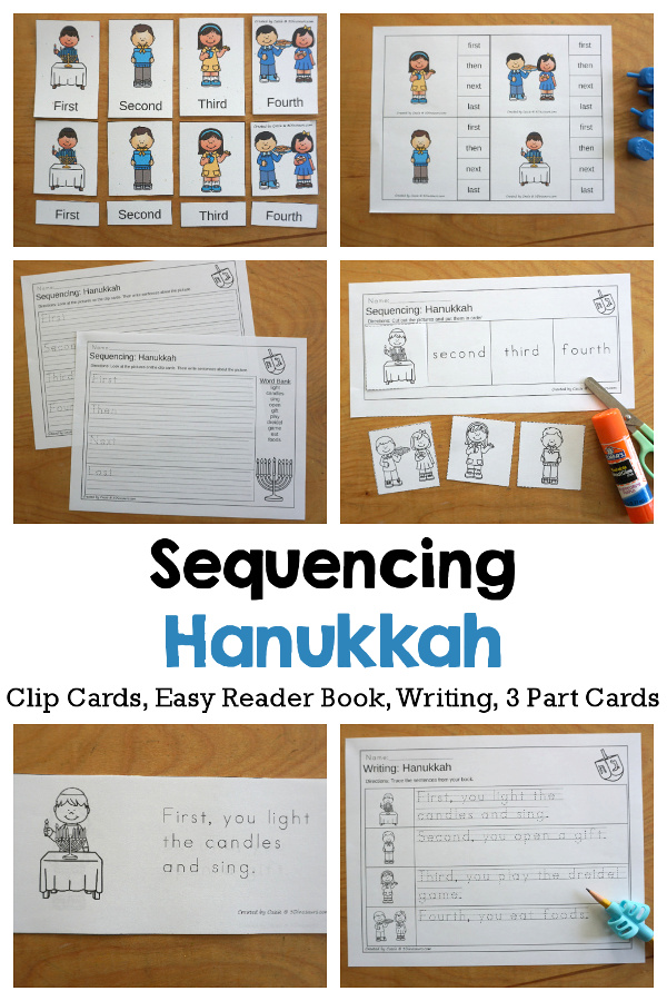 Hanukkah Sequencing Set with easy reader book, clip cards, order of event cards, writing and cut and paste pictures. A great way to tell the order of events of Hanukkah - 3Dinosaurs.com