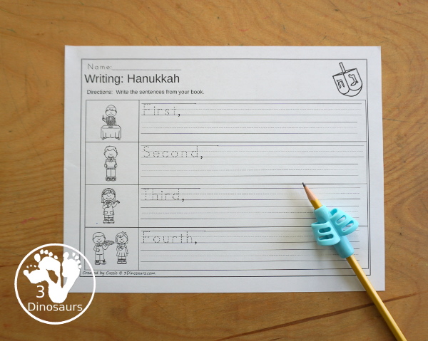 Hanukkah Sequencing Set with easy reader book, clip cards, order of event cards, writing and cut and paste pictures. A great way to tell the order of events of Hanukkah - 3Dinosaurs.com