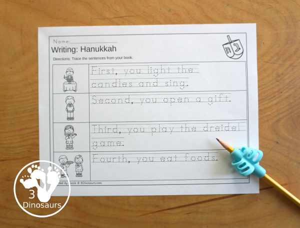 Hanukkah Sequencing Set with easy reader book, clip cards, order of event cards, writing and cut and paste pictures. A great way to tell the order of events of Hanukkah - 3Dinosaurs.com