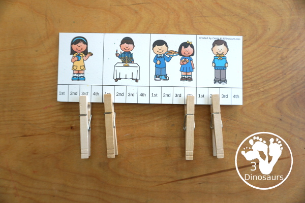 Hanukkah Sequencing Set with easy reader book, clip cards, order of event cards, writing and cut and paste pictures. A great way to tell the order of events of Hanukkah - 3Dinosaurs.com