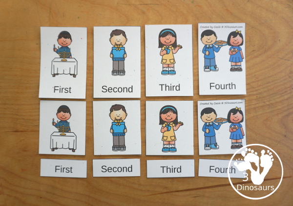 Hanukkah Sequencing Set with easy reader book, clip cards, order of event cards, writing and cut and paste pictures. A great way to tell the order of events of Hanukkah - 3Dinosaurs.com