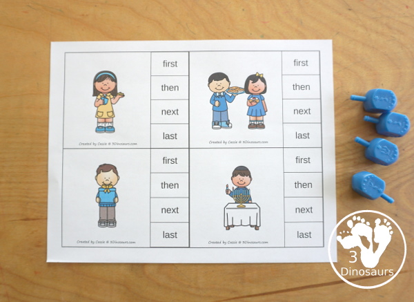 Hanukkah Sequencing Set with easy reader book, clip cards, order of event cards, writing and cut and paste pictures. A great way to tell the order of events of Hanukkah - 3Dinosaurs.com