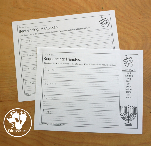 Hanukkah Sequencing Set with easy reader book, clip cards, order of event cards, writing and cut and paste pictures. A great way to tell the order of events of Hanukkah - 3Dinosaurs.com