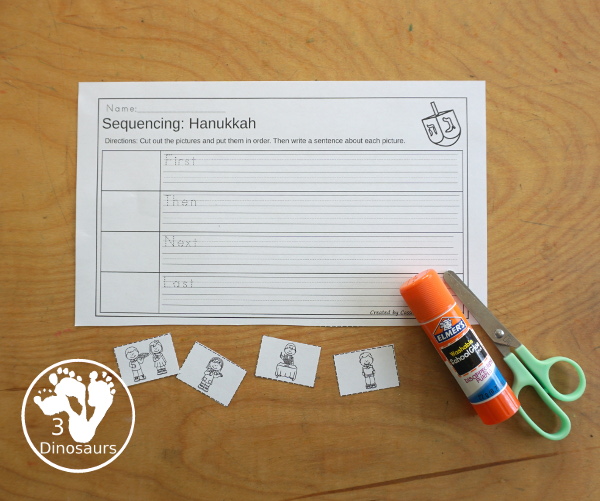 Hanukkah Sequencing Set with easy reader book, clip cards, order of event cards, writing and cut and paste pictures. A great way to tell the order of events of Hanukkah - 3Dinosaurs.com