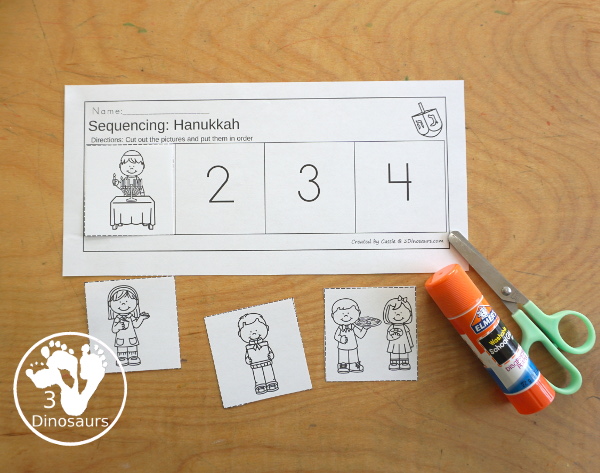 Hanukkah Sequencing Set with easy reader book, clip cards, order of event cards, writing and cut and paste pictures. A great way to tell the order of events of Hanukkah - 3Dinosaurs.com