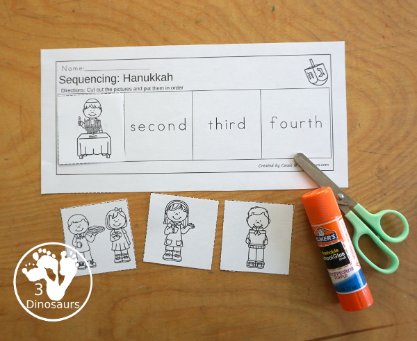 Hanukkah Sequencing Set with easy reader book, clip cards, order of event cards, writing and cut and paste pictures. A great way to tell the order of events of Hanukkah - 3Dinosaurs.com