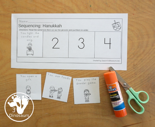 Hanukkah Sequencing Set with easy reader book, clip cards, order of event cards, writing and cut and paste pictures. A great way to tell the order of events of Hanukkah - 3Dinosaurs.com