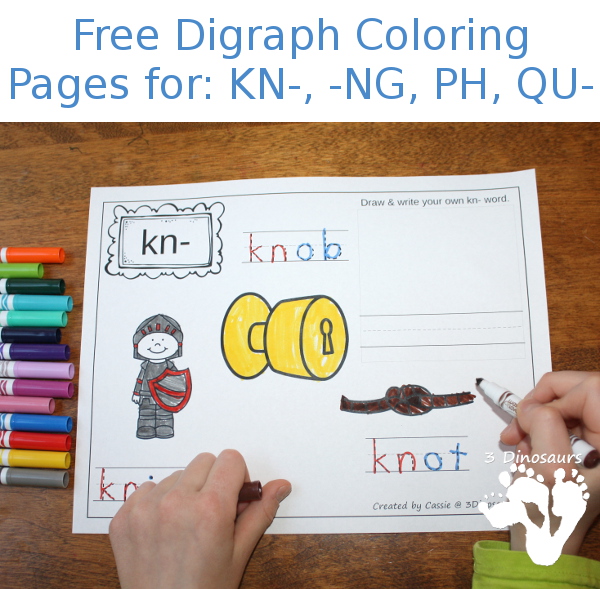 Free Digraph Coloring Pages:  KN-, -NG, PH, QU- easy no prep coloring page - 3Dinosaurs.com