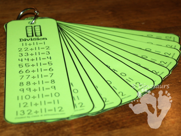 Free Division Bookmarks - Numbers 1 through 12 with 4 bookmarks per page to help with division learning- 3Dinosaurs.com