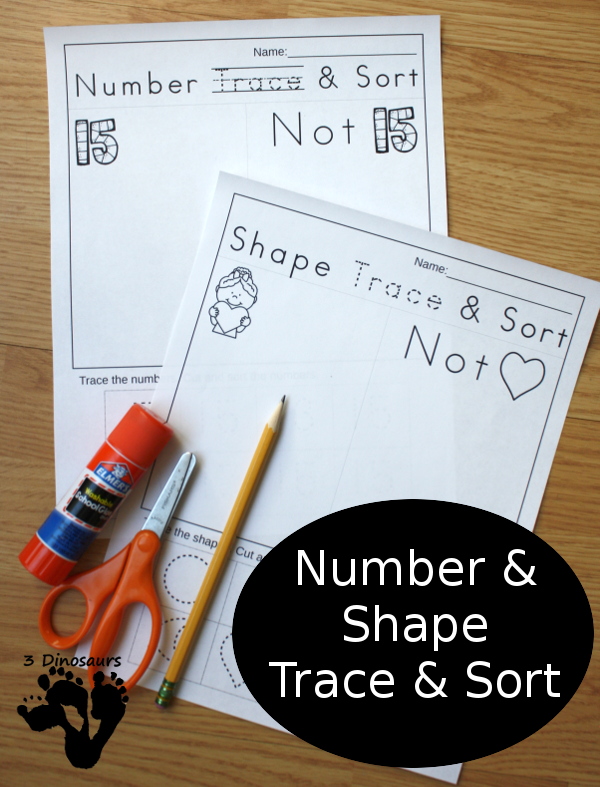 No Prep Printable: Number & Shape Trace & Sort - easy way to work on shapes and numbers with tracing and sorting - 3Dinosaurs.com