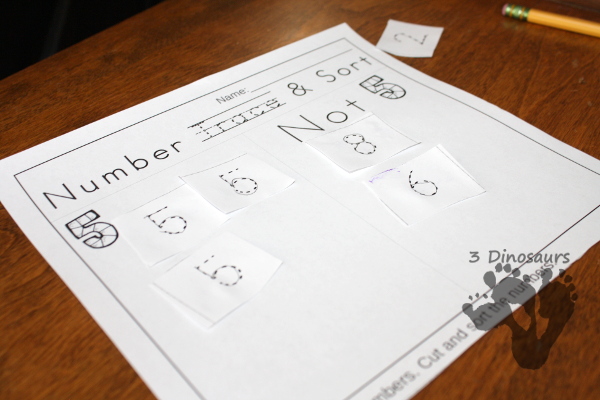 No Prep Printable: Number & Shape Trace & Sort - easy way to work on shapes and numbers with tracing and sorting - 3Dinosaurs.com