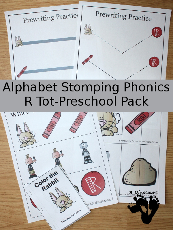 Free Alphabet Stomping R Tot-Preschool Pack - 20 pages of activities - 3Dinosaurs.com