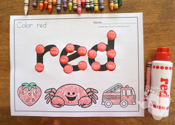 Color Dot Marker Words With Coloring - 11 pages with dot marker word and 3 pictures to color - 3Dinosaurs.com