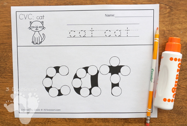 CVC Word Family Dot Marker Words With Tracing - 162 pages of printables for kids to work on the CVC words with matching picture and tracing for the dot marker word - 3Dinosaurs.com