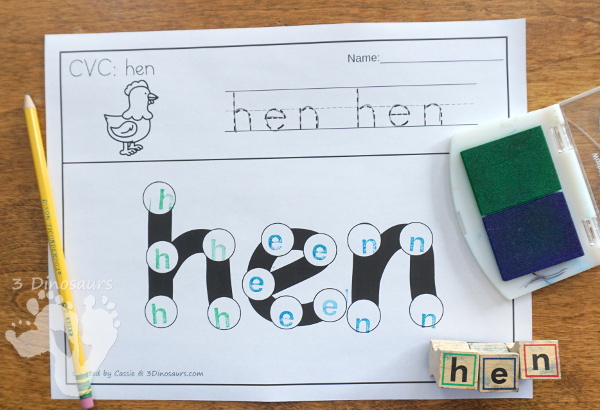 CVC Word Family Dot Marker Words With Tracing - 162 pages of printables for kids to work on the CVC words with matching picture and tracing for the dot marker word - 3Dinosaurs.com