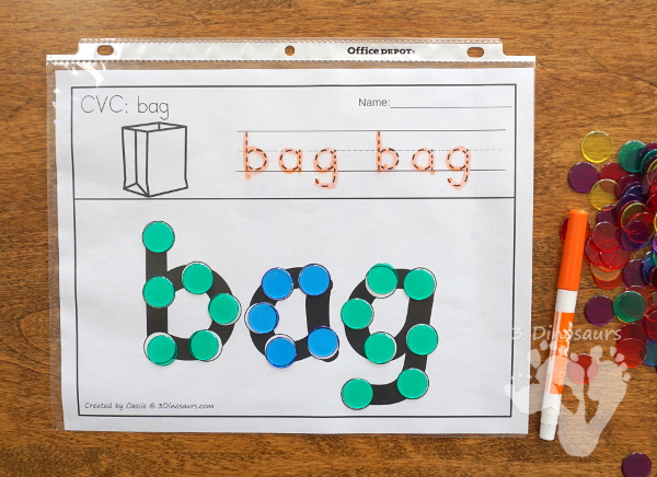 CVC Word Family Dot Marker Words With Tracing - 162 pages of printables for kids to work on the CVC words with matching picture and tracing for the dot marker word - 3Dinosaurs.com