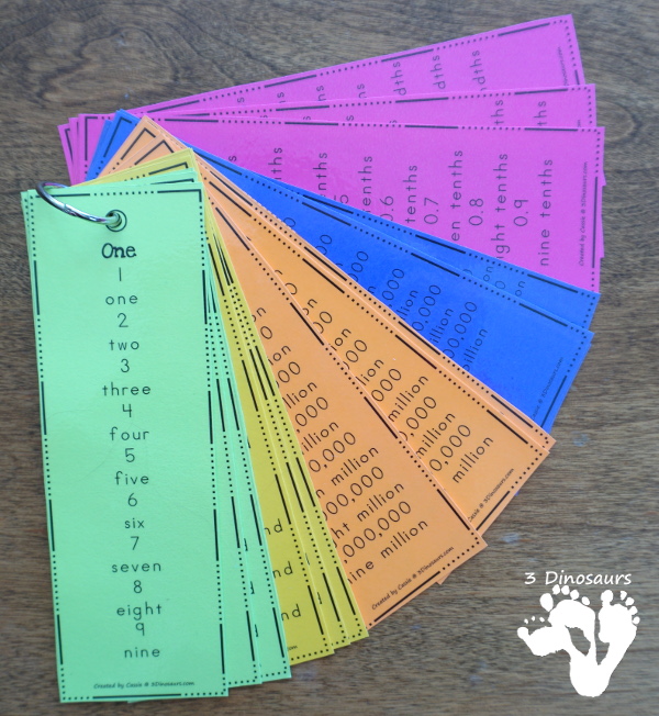 Place Value Bookmarks - for ones through hundred billion with tenth, hundredths thousandsth with just number digit or number digit with number word - 3Dinosaurs.com