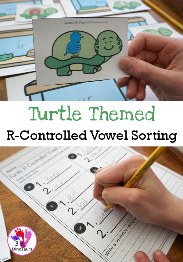 Free Turtle Themed R-Controlled Vowel Sorting - 5 sorting mats with 10 matching cards also includes a matching worksheet - 3Dinosaurs.com