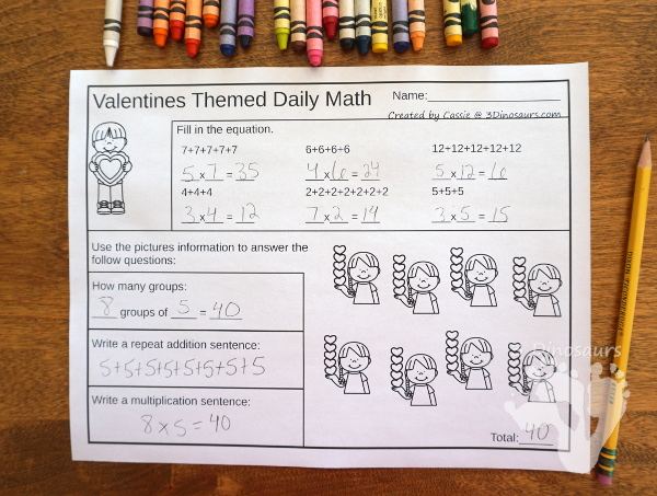 No-Prep Valentines Math Printables For Addition & Subtraction or Multiplication & Division - 30 pages in each set with review sheets at the end all in a Valentines theme with no cutting or prep work needed - 3Dinosaurs.com
