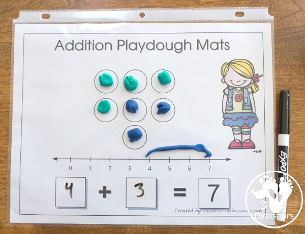 Free Addition 1 to 10 Playdough Mats - addition playdough mats with math from 1 to 10 with number line, equation, and matching circles for hands-on math - 3Dinosaurs.com #handsonmath #freeprintable #playdoughmat #addition #kindergarten #firstgrade