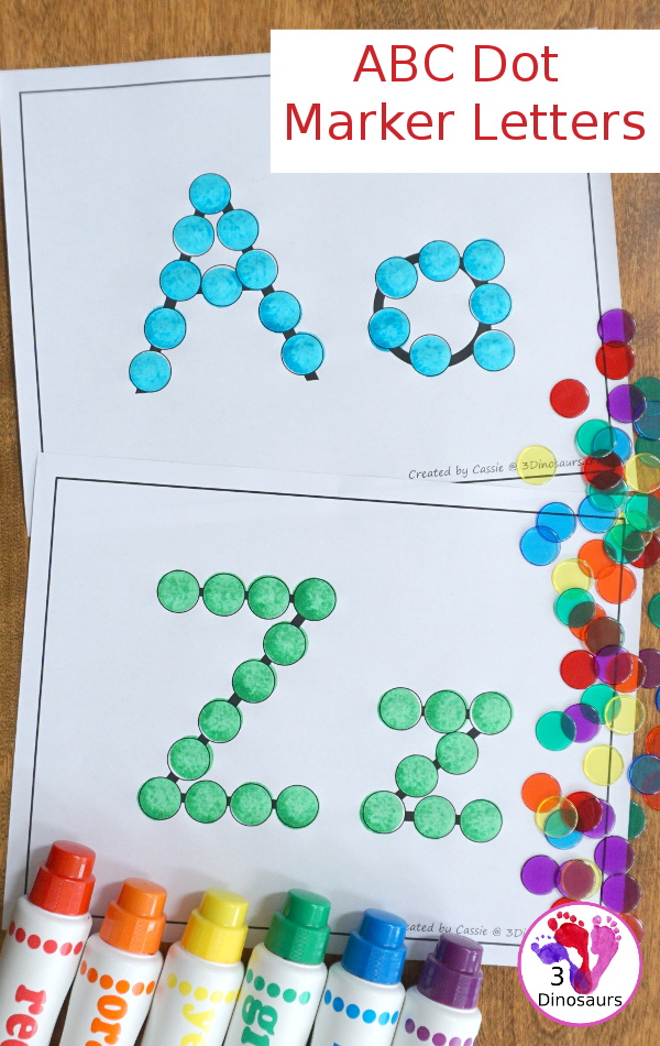 Free ABC Dot Marker Letters for the Whole Alphabet - Uppercase and lowercase dot markers together on the same page with all 26 letters for kids to use - 3Dinosaurs.com