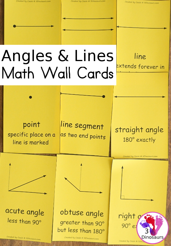 Free Geometry Math: Angles & Lines Wall Cards - 9 wall cards for 9 math terms for angles and lines - 3Dinosaurs.com  #3dinosaurs #angles #geometry #thirdgrade #fourthgrade  #freeprintable