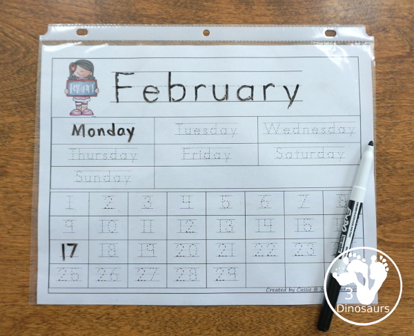 Free Calendar Learning Set Pages - Tracing pages for months, days of the week with tracing strips, writing strips, and pocket chart cards. Plus three daily calendar pages - 3Dinosaurs.com #abc #abcletters #freeprintable