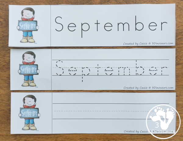 Free Calendar Learning Set Pages - Tracing pages for months, days of the week with tracing strips, writing strips, and pocket chart cards. Plus three daily calendar pages - 3Dinosaurs.com #abc #abcletters #freeprintable