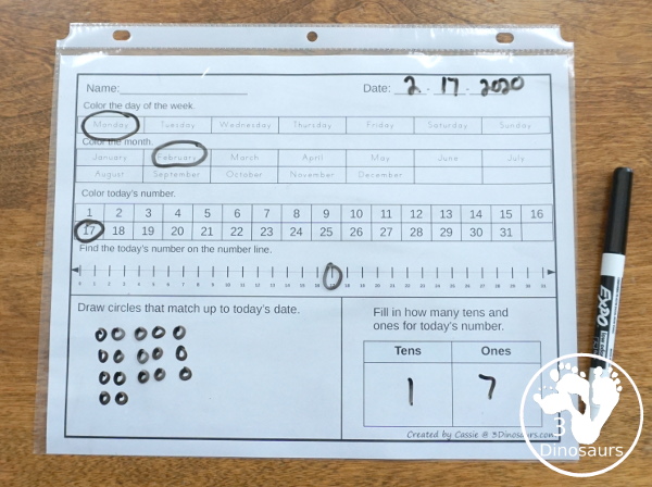 Free Calendar Learning Set Pages - Tracing pages for months, days of the week with tracing strips, writing strips, and pocket chart cards. Plus three daily calendar pages - 3Dinosaurs.com #abc #abcletters #freeprintable