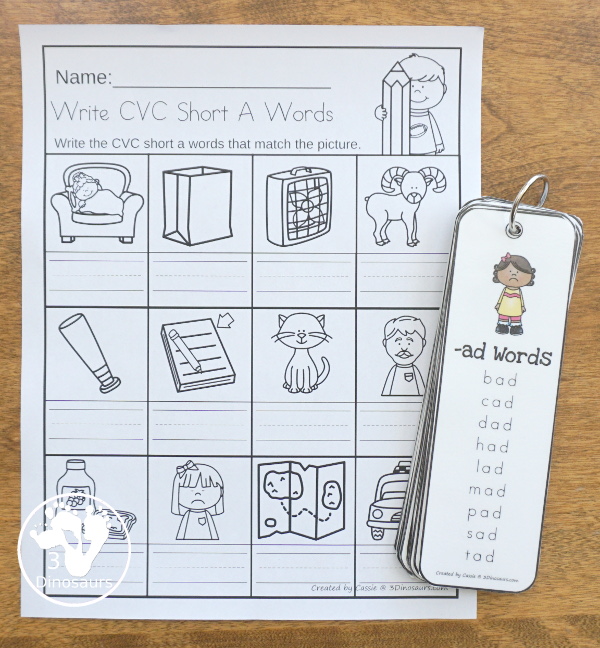 Free CVC Word Family Write the Words No-Prep Worksheet – 3 Dinosaurs