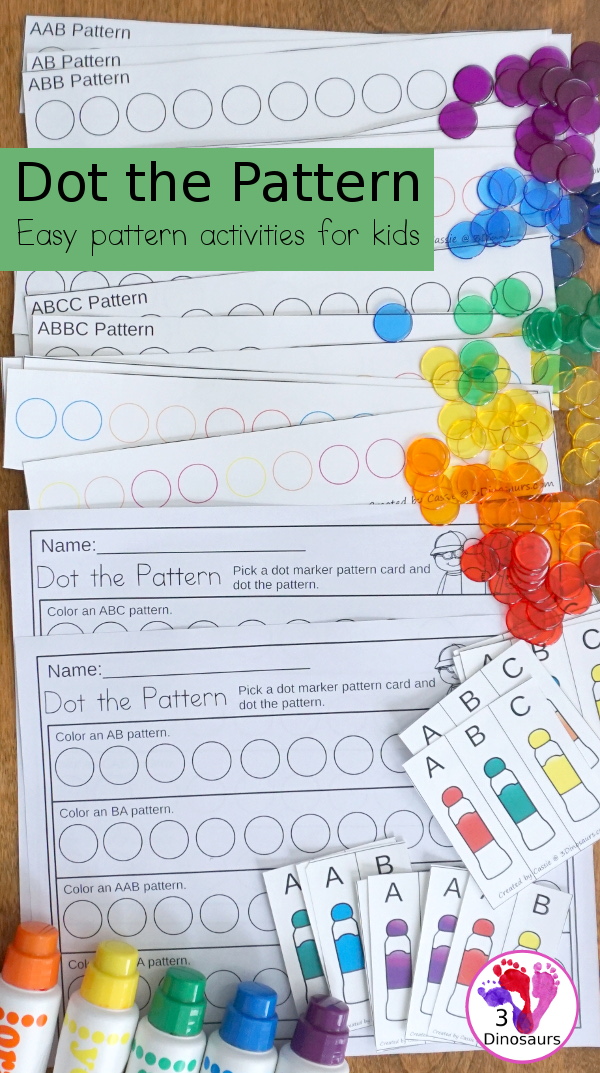 Free Dot the Pattern Printables - a fun pattern set with a mix of hands-on and no-prep worksheets for working on ABC and AB patterns for kids in preschool and kindergarten - 3Dinosaurs.com  #3dinosaurs #preschool #kindergarten #patternsforkids #freeprintable