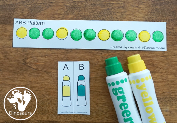 Free Dot the Pattern Printables - a fun pattern set with a mix of hands-on and no-prep worksheets for working on ABC and AB patterns for kids in preschool and kindergarten - 3Dinosaurs.com  #3dinosaurs #preschool #kindergarten #patternsforkids #freeprintable