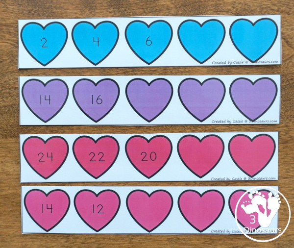 Free Heart Skip Counting Strips: 1 to 12 - 4 skip counting strips for each number with two skip counting forward and two skip counting backwards. - 3Dinosaurs.com #skipcounting #freeprintable