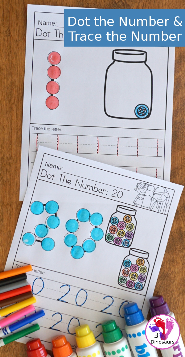 Free Number Dot the Number & Trace the Number - dot marker number with tracing the number and a fun button theme - 3Dinosaurs.com  #3dinosaurs kindergarten #prek #numbers #dotmarker #freeprintable