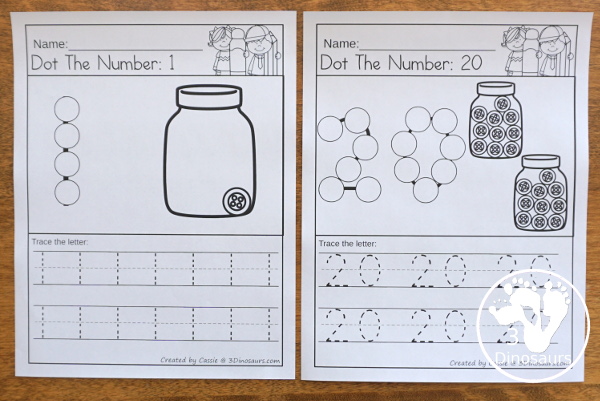 Free Number Dot the Number & Trace the Number - dot marker number with tracing the number and a fun button theme - 3Dinosaurs.com  #3dinosaurs kindergarten #prek #numbers #dotmarker #freeprintable