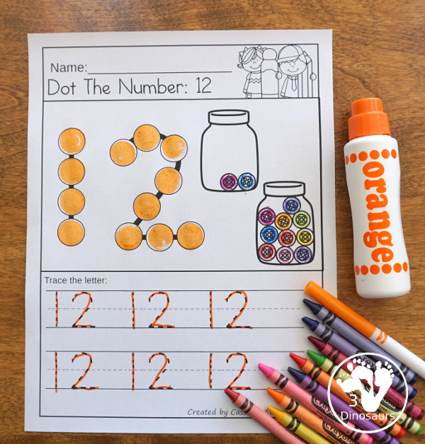 Free Number Dot the Number & Trace the Number - dot marker number with tracing the number and a fun button theme - 3Dinosaurs.com  #3dinosaurs kindergarten #prek #numbers #dotmarker #freeprintable